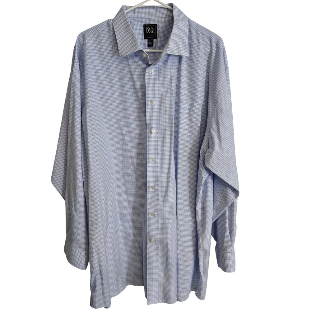 Jos. A. Bank Traveler Dress Shirt Mens 18.5 35 Blue Check Traditional Fit Cotton